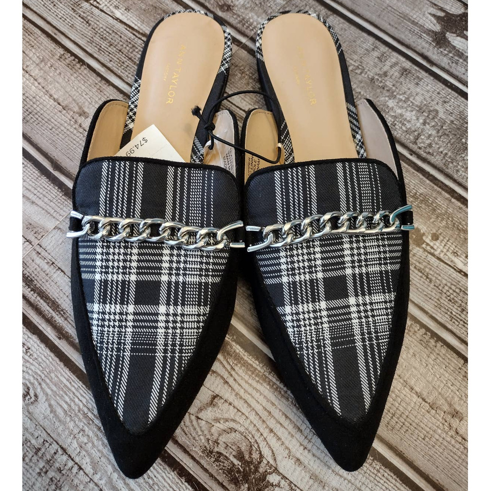 Ann Taylor | Black & White Plaid Chain Accent Pointed-Toe Slip-On Mules Flats